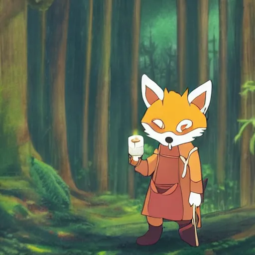 Prompt: a fantasy fox humanoid anime character carrying a candle in his hands, the forest, by studio ghibli and japanese style