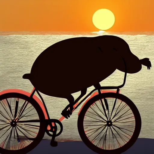 Prompt: anthropomorphic walrus riding a bicycle at sunrise realistic, hyperrealistic, very realistic, highly detailed, very detailed, extremely detailed, detailed