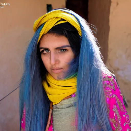 Prompt: moroccan women, long yellow hair, blue big eye, with large boops, perfect face and silhouette.
