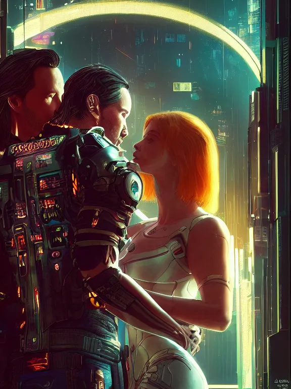 Image similar to a cyberpunk 2077 couple portrait of Keanu Reeves&female android in final kiss,love,film lighting,by Laurie Greasley,Lawrence Alma-Tadema,Dan Mumford,artstation,deviantart,FAN ART,full of color,Digital painting,face enhance,highly detailed,8K,octane,golden ratio,cinematic lighting