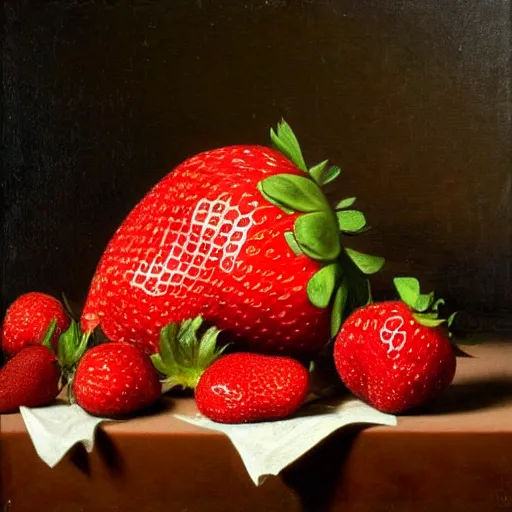 Image similar to giant strawberry in still life. dutch masters, 1 8 th century. oil on canvas. impossibly large, juicy, fresh, delicious, mouth - watering