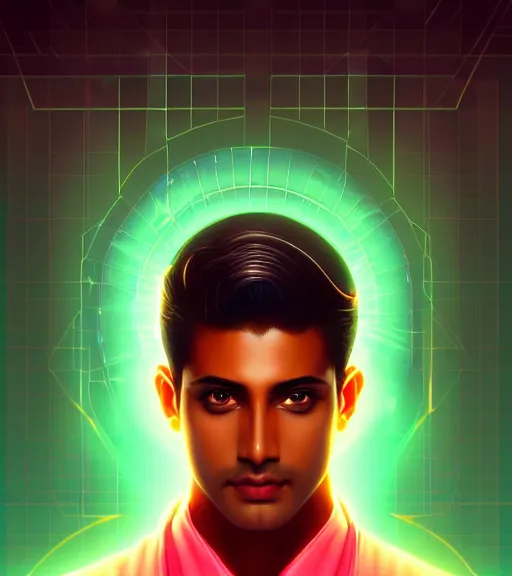 Image similar to symmetry!! indian prince of technology, solid cube of light, hard edges, product render retro - futuristic poster scifi, lasers and neon circuits, brown skin handsome indian prince, intricate, elegant, highly detailed, digital painting, artstation, concept art, smooth, sharp focus, illustration, dreamlike, art by artgerm