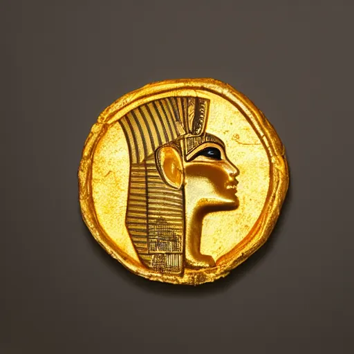 Prompt: an ancient roman gold coin with the face of a pharaoh, close up photo, ultra realistic, studio photo, bokeh.