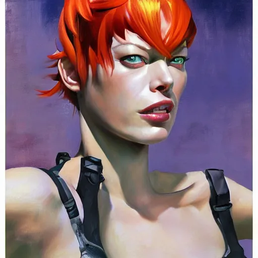 Image similar to greg manchess portrait painting of milla jovovich as leeloo from the 5 th element as overwatch character, medium shot, asymmetrical, profile picture, organic painting, sunny day, matte painting, bold shapes, hard edges, street art, trending on artstation, by huang guangjian, gil elvgren, ruan jia, randy vargas, greg rutkowski