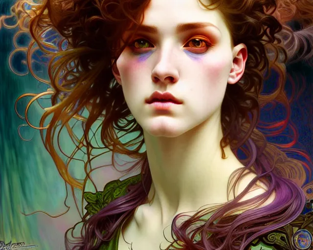 Image similar to overlord, psychedelic hair, portrait, highly detailed, deep focus, elegant, digital painting, smooth, sharp focus, illustration, ultra realistic, 8 k, art by artgerm and alphonse mucha and edgar maxence