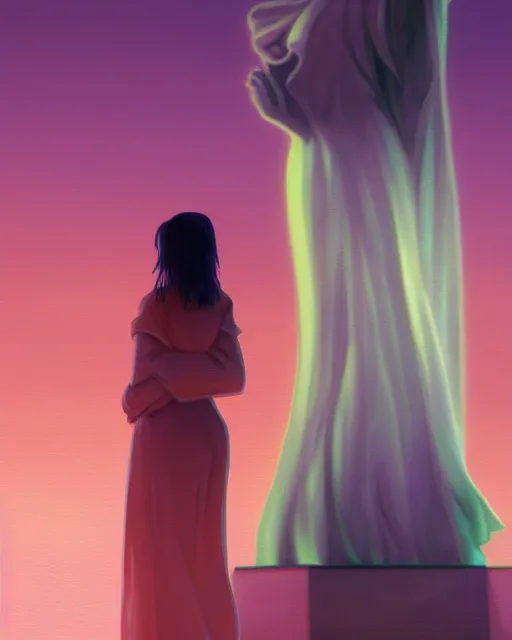 Image similar to a painting of a woman standing in front of a statue, a screenshot by stanley twardowicz, cgsociety, aestheticism, aesthetic, vaporwave, anime aesthetic