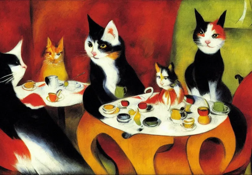 Prompt: calico cat trio enjoying a fancy english tea party, painting by franz marc