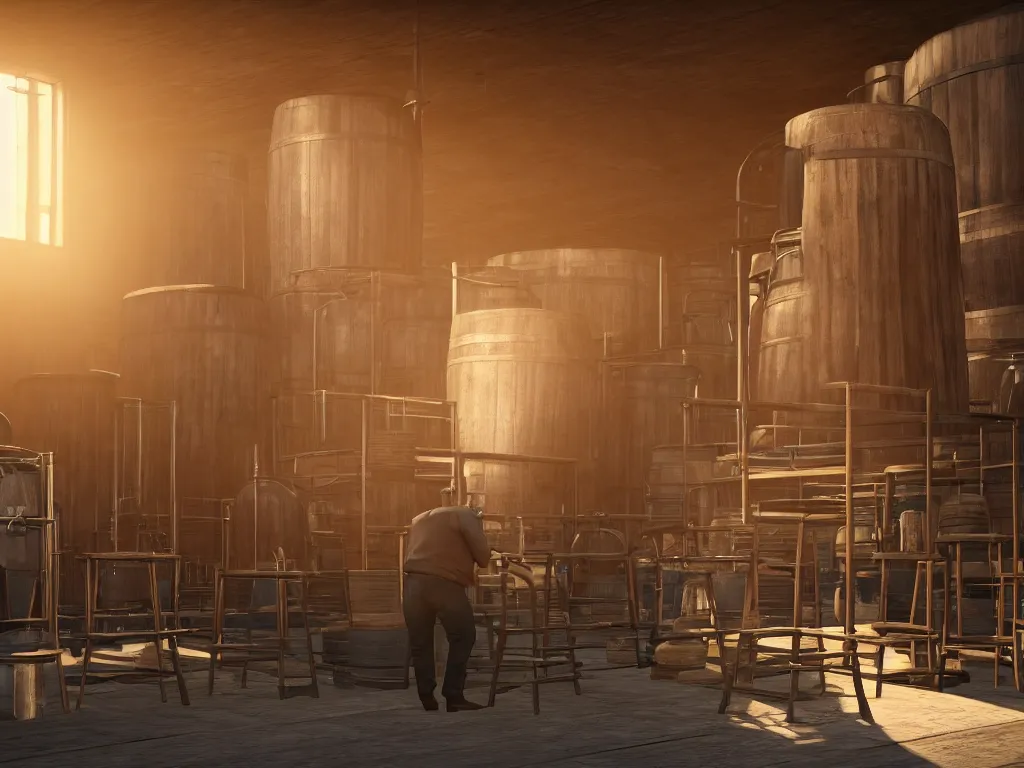 Image similar to sitting on a small wooden stool a large man sips a tiny tumbler of whisky in a whisky factory with barrels stacked up to the sealing. beautiful atmospheric lighting, sunlight beaming through open windows, small dust particles in the air. unreal engine 5, v - ray, 8 k, ultra hd, god rays.