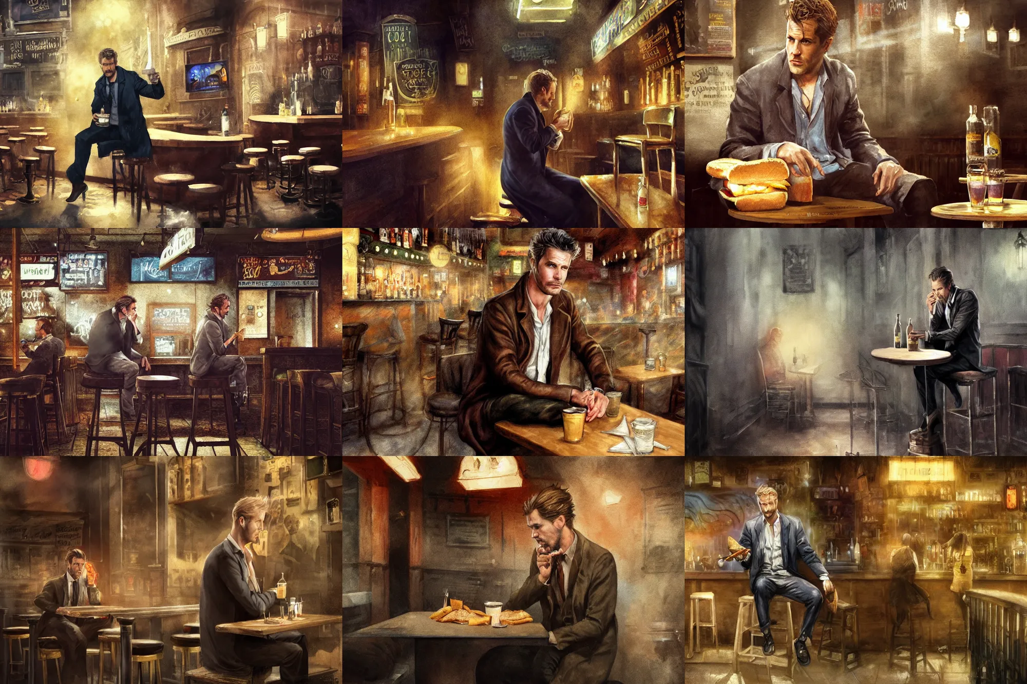 Prompt: matte painting character illustration of john constantine sitting down on a barstool at a dive bar in london eating a sandwich, digital painting, illustration, constantine, john singer sargent, amazing values, 8 k, magical creatures in the background, watercolor texture, gothic, octane render,