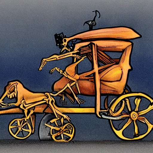 Image similar to The mixed mediart features a human figure driving a chariot. The figure is skeletal and frail, with a large head and eyes. The chariot is pulled by two animals, which are also skeletal and frail. carrot orange, in France by Enki Bilal opulent