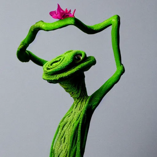 Image similar to studio photograph of a thin green vine creature with vine limbs and a pink blooming flower bulb with many sharp teeth