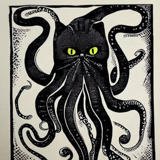 Image similar to a cross between a cat and an octopus, realistic, detailed, linocut