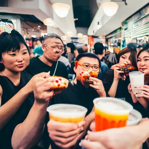 Image similar to photo of a crowd of people drinking boba milk tea staring at the camera, hyperrealistic, 4 k