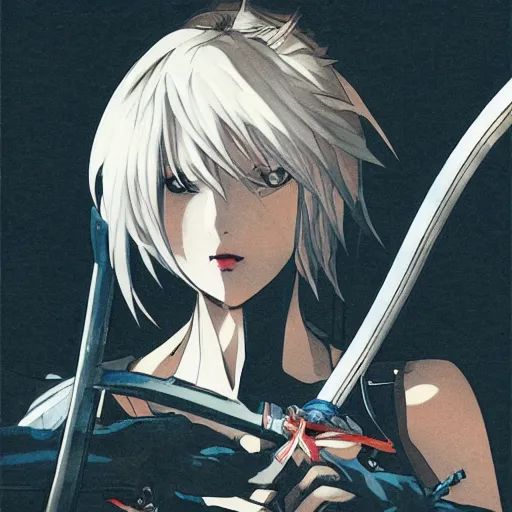 Prompt: a japanese girl with silver hair and blue eyes and demon wings holding a katana at night, shot from above, sparkling eyes, illustration by Yoji Shinkawa