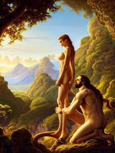 Prompt: adam and eve under the forbiden tree. an angel and a serpent looking at them. the sun and mountains on the background. intricate, elegant, highly detailed, digital painting, artstation, concept art, sharp focus, illustration, by justin gerard and artgerm, 8 k