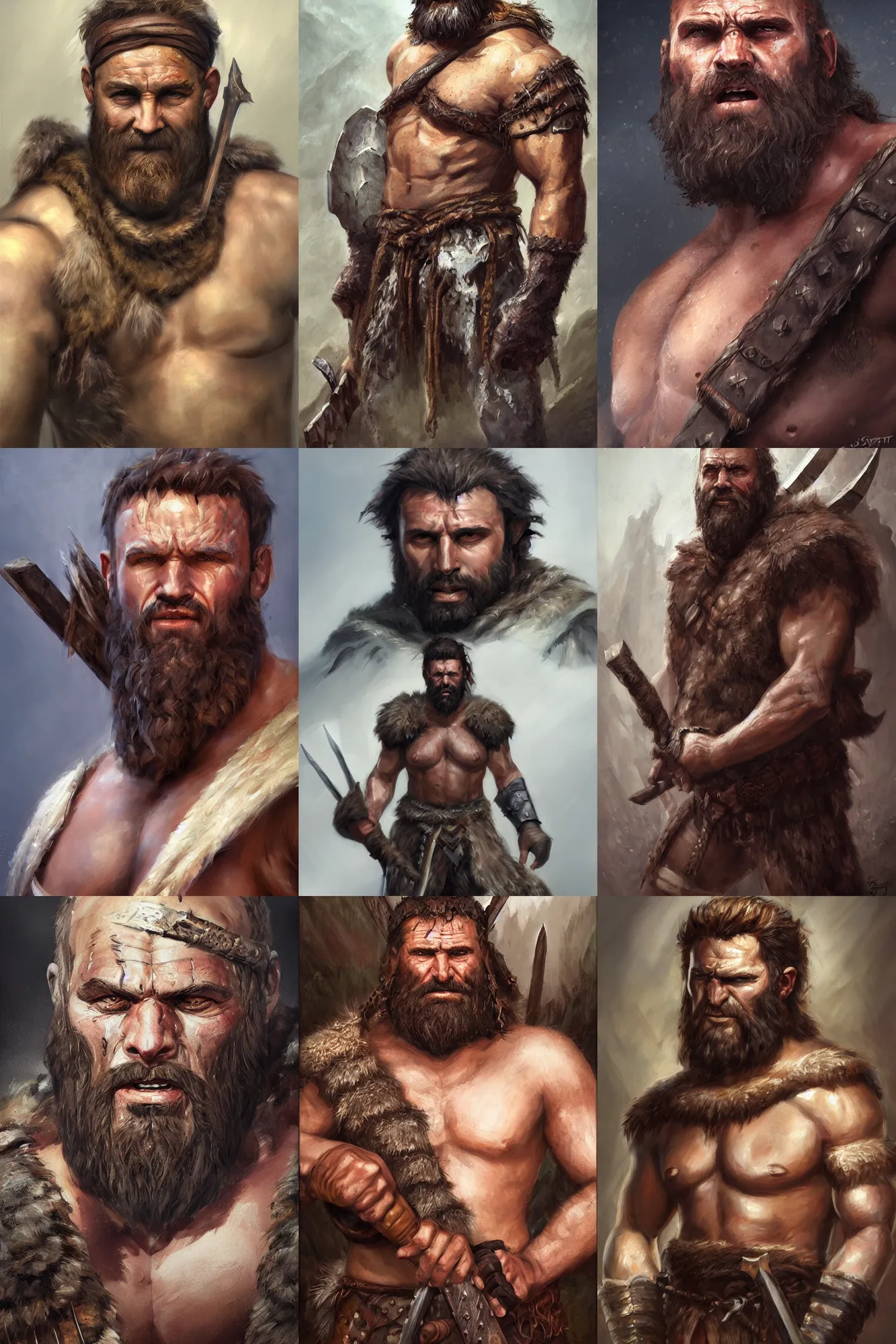 Prompt: a full body fantasy portrait oil painting illustration of a single rugged stoic barbarian man by Justin Sweet and artgerm with face and body clearly visible, visible pupils, d&d, rpg, forgotten realms, artstation trending, high quality, sombre mood, artstation trending, muted colours, no crop, entire character!,