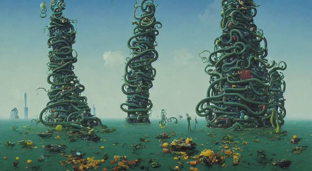 Prompt: single flooded tentacle tower, very coherent and colorful high contrast!! masterpiece by rene magritte simon stalenhag carl spitzweg syd mead norman rockwell edward hopper james gilleard, minimalist, dark shadows, sunny day, hard lighting