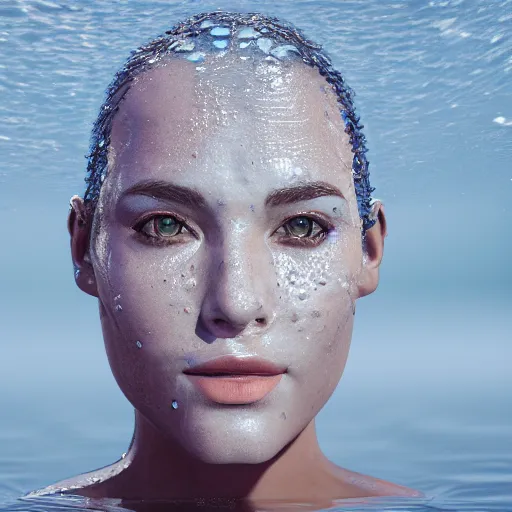 Image similar to water artwork manipulation in the shape of a human head, on the ocean water, ray tracing, realistic water sharp focus, long shot, 8 k resolution, cinematic, artstation