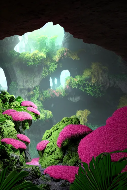 Prompt: inside of a massive cave with a hyper - realistic bright coloured natural flowers and ferns : 4, overlooking a endless plain with pink lightning clouds : 4, highly symmetrical, balanced, octane render, in the style of sahm : 3 hd, 4 k, ultra - realistic, in unreal engine