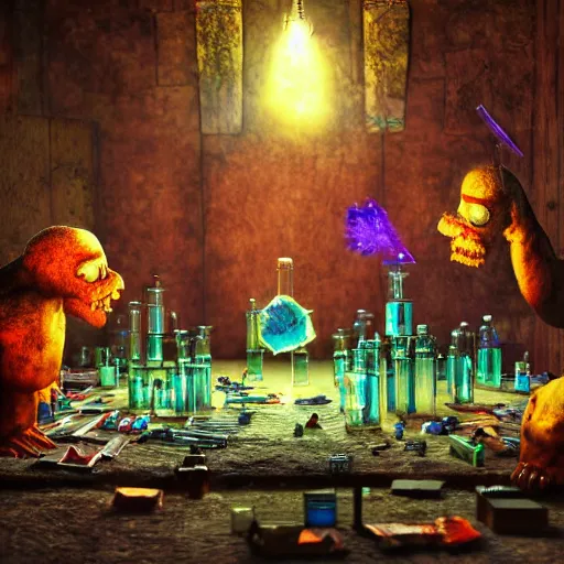 Image similar to these monsters are consumed by fire, yet they remain unharmed. they are surrounded by the tools of the alchemist's trade - beakers and test tubes full of colorful liquids, crystals, and books of ancient knowledge. the scene is suffused with an eerie glow, as if something magical is happening here. cinematic photorealistic