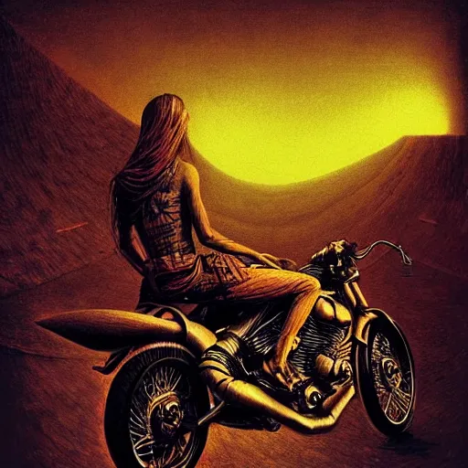 Image similar to motorbiker from hell, by beksinski and tristan eaton, dark neon trimmed beautiful dystopian digital art