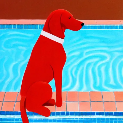 Image similar to close-up of a red dog at pool, painting by david hockney