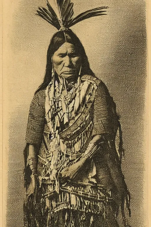 Image similar to “19th century wood engraving of a Native American indian woman, portrait, Nanye-hi Beloved Woman of the Cherokee, wearing a papoose showing pain and sadness on her face, ancient”