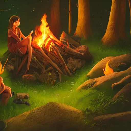 Image similar to green screen of beautiful close up, zoom up campfire in the woods at night, warmth, stylized, artgerm, artstation, hd, cgsociety, cgi, realistic, dramatic, cinematic, artistic, trending, detailed