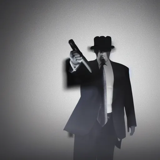 Image similar to mysterious donald trump in black suit and black hat, he has a pistol!!, mysterious, 4 k, highly detailed, digital art, strong shadows, high contrast, epic scene, atmospheric, blue colours, award winning photo