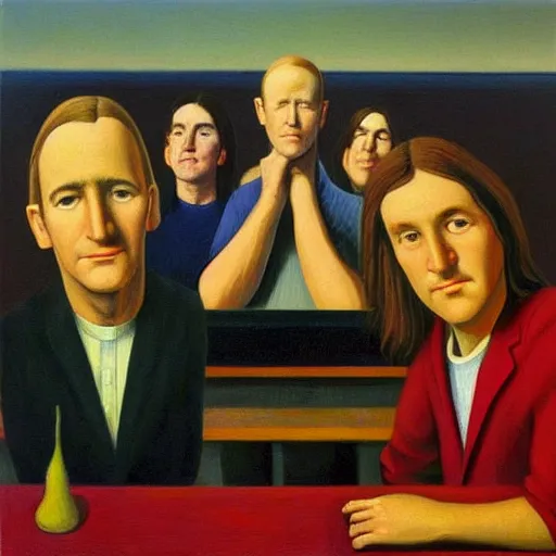 Image similar to rush, geddy lee, alex lifeson, neil peart, grant wood, pj crook, edward hopper, oil on canvas