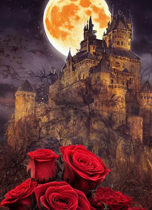 Image similar to red and golden color details, portrait, A crow with red eyes in front of the full big moon, book cover, red roses, red white black colors, establishing shot, extremly high detail, foto realistic, cinematic lighting, castle in the background, by Yoshitaka Amano, Ruan Jia, Kentaro Miura, Artgerm, post processed, concept art, artstation, raphael lacoste, alex ross, portrait, A crow with red eyes in front of the full big moon, book cover, red roses, red white black colors, establishing shot, extremly high detail, photo-realistic, cinematic lighting, by Yoshitaka Amano, Ruan Jia, Kentaro Miura, Artgerm, post processed, concept art, artstation, raphael lacoste, alex ross