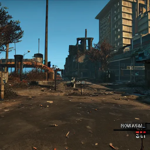 Prompt: Honolulu in ruins post-nuclear war in Fallout 4, in game screenshot