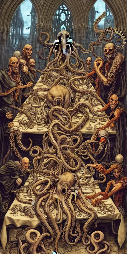 Image similar to group of mages with human bodies and octopus heads sitting near the table with magical artifacts in an ancient mage castle with enormous scale, gothic and baroque, brutalist architecture, ultradetailed, Intricate by John Howe and Josan Gonzalez and James Jean and Giuseppe Arcimboldo