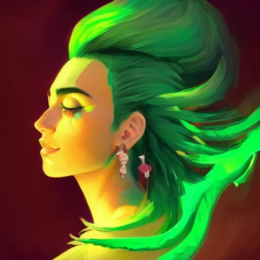 Prompt: beautiful woman with glowing green hair, portrait, maya ali mage, gloomhaven, dynamic lighting, gaudy colors, octane render aesthetic, matte painting concept art, official fanart behance hd artstation by jesper ejsing, by rhads and makoto shinkai and lois van baarle and ilya kuvshinov and rossdraws