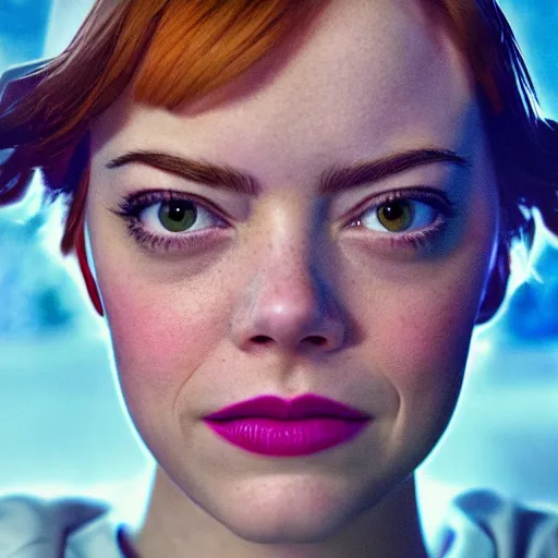 Image similar to Emma Stone in Stranger Things, XF IQ4, 150MP, 50mm, f/1.4, ISO 200, 1/160s, natural light, Adobe Photoshop, Adobe Lightroom, DxO Photolab, Corel PaintShop Pro, rule of thirds, symmetrical balance, depth layering, polarizing filter, Sense of Depth, AI enhanced