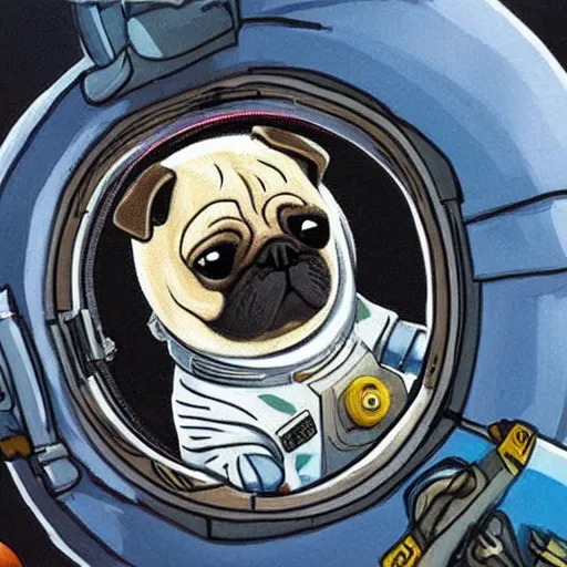 Image similar to hyper realistic, highly detailed, astronaut pug in space.