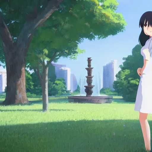 Image similar to a beautiful full body portrait of a young woman wearing a white apron standing in front of a fountain in a park, makoto shinkai, james gilleard, very detailed, matte, gaussian blur, tone mapped William-Adolphe