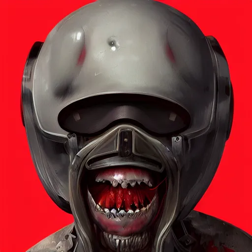 Image similar to a withered humanoid, wearing a round helmet, wearing red eye visor covering eyes, teeth visible, futuristic, industrial sci fi, artstation