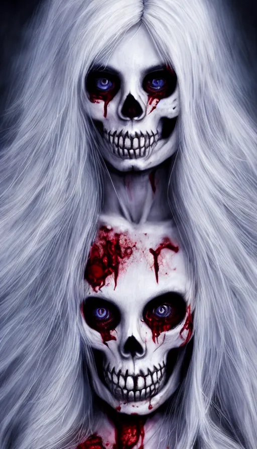 Image similar to skeleton black bones, covered with blood, jessica nigri face!!, highly detailed face, long red hair, beautiful blue eyes, black heavy eyeliner, ultra realistic, concept art, intricate details, photorealistic, octane render, 8 k, unreal engine. retro film still, heavy grain, 3 5 mm, art by artgerm and greg rutkowski and alphonse mucha