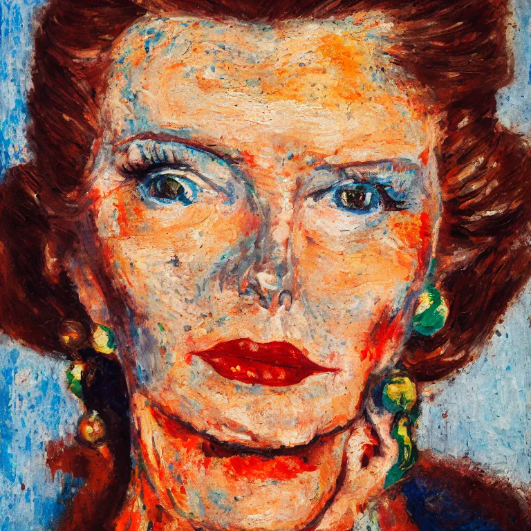 Image similar to close up studio portrait of Katherine Hepburn, age 30, gorgeous face, wearing a punk outfit in 1987, impasto heavy brushstrokes oil painting by Paula Modersohn Becker and Tim Hawkinson and Cy Twombly, Intense colors trending on artstation dramatic lighting Expressionism