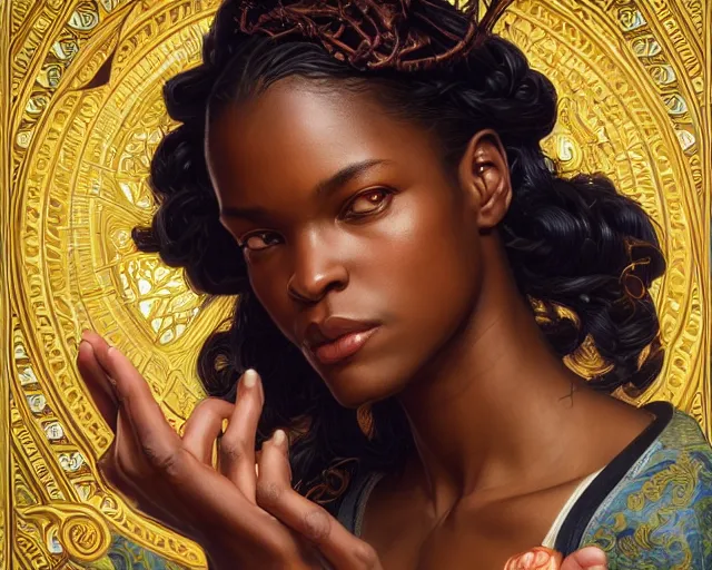 Image similar to photography of kehinde wiley, deep focus, d & d, fantasy, intricate, elegant, highly detailed, digital painting, artstation, concept art, matte, sharp focus, illustration, hearthstone, art by artgerm and greg rutkowski and alphonse mucha