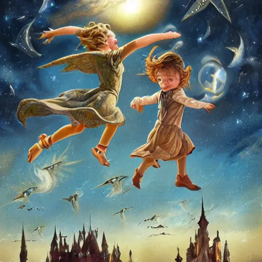 Prompt: realistic detailed children flying through the stars by emilia dziubak, will terry, greg olsen, chris mars, ann long, and mark brooks, dramatic, fairytale, art nouveau, victorian, neo - gothic, gothic, character concept design, storybook design