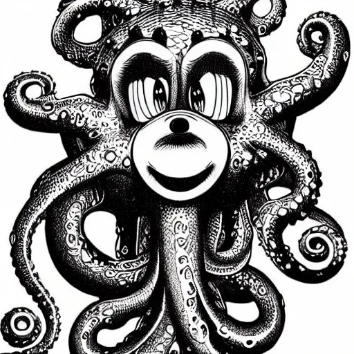 Image similar to A tentacle monster with faces of Mickey Mouse by Kentaro Miura, highly detailed, black and white