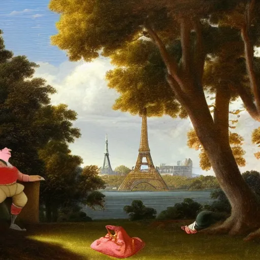 Prompt: Peter Griffin visits 1750 Paris , in the style of the Hudson River School