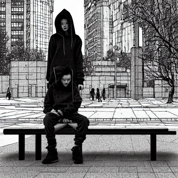 Image similar to sadie sink in a hoodie sits on a bench in a square, pedestrians walk past. background of old soviet monument. storyboard, scifi cyberpunk. by gabriel hardman, joe alves, chris bonura. cinematic atmosphere, detailed and intricate, perfect anatomy