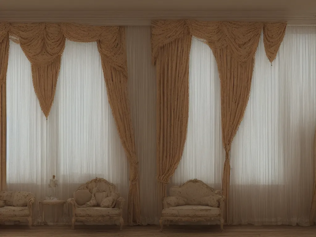 Prompt: 3D render of vintage interior house with very large curtains , High detail, Octane Render, faded colors, pastel colors , lens 35mm, f 8,