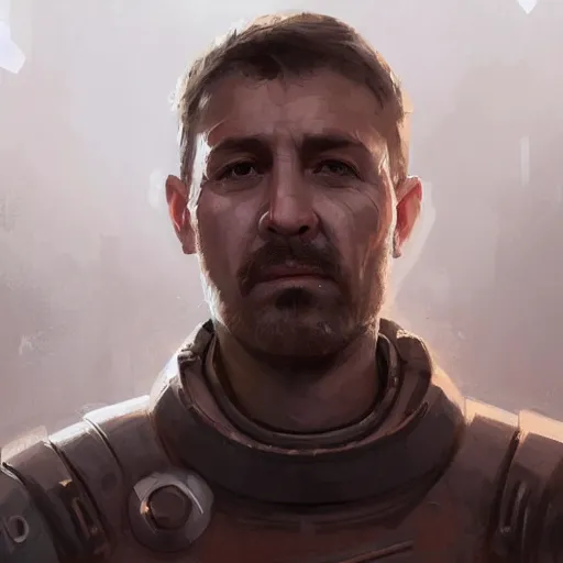 Prompt: Portrait of a man by Greg Rutkowski, he is about 40 years old, copper short hair, his features are a mix between Turkish and Scottish, strong and tall, cool dad vibes, he is wearing a futuristic astronaut suit, highly detailed portrait, digital painting, artstation, concept art, smooth, sharp foccus ilustration, Artstation HQ.