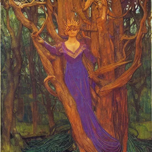 Image similar to the queen of the forest in a tree, by Annie Swynnerton and jean delville and Nicholas Roerich and Tino Rodriguez, elaborately costumed, rich color, dramatic cinematic lighting, extremely detailed