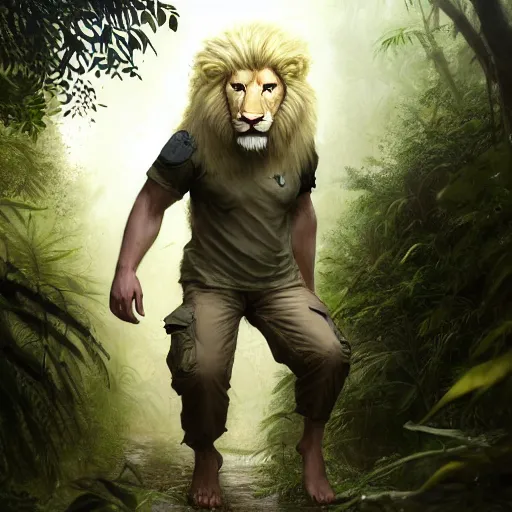 Image similar to commission portrait of a male anthro albino lion,wearing cargo pants and a boack t-shirt,going through a jungle cautiously.dramatic,character design by charles bowater,greg rutkowski,ross tran,hyperdetailed,hyperrealistic,4k,deviantart,artstation,professional photography,concept art