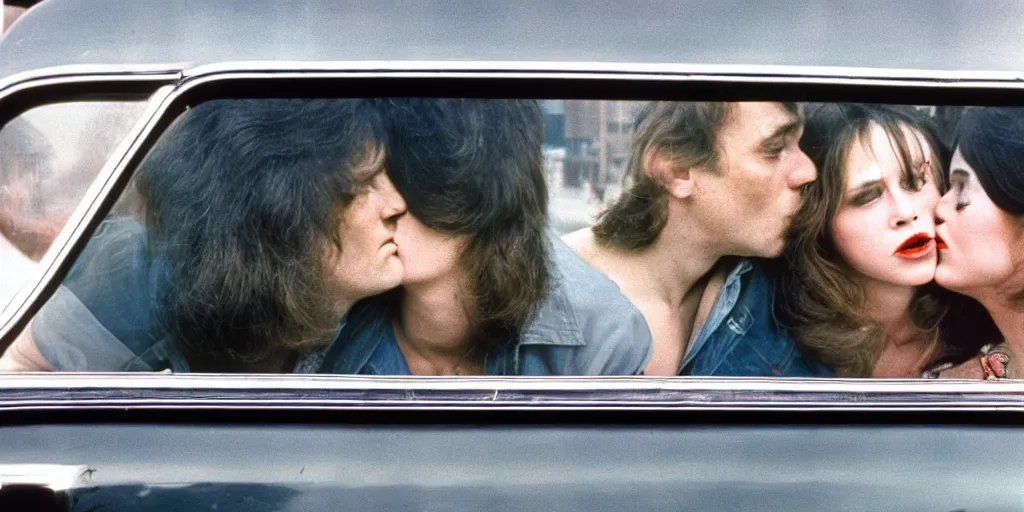 Image similar to 1 9 7 0 s car window closeup, young man and woman kissing in the back seat, coloured film photography, elliott erwitt photography